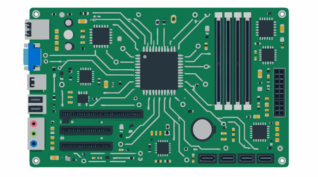 Top view of a rectangular green computer motherboard featuring silver circuit pathways, microchip processors and expansion slots, electronic hardware vector illustration in green and silver