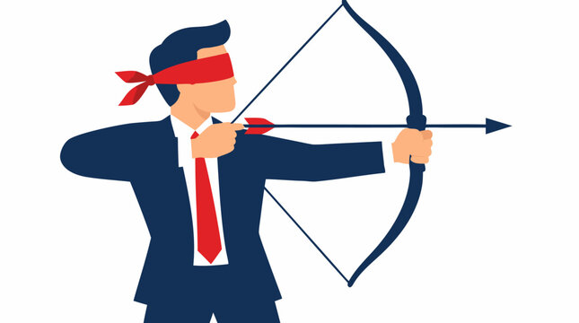 Blindfolded businessman in navy suit drawing back an archery bow and arrow vector illustration representing aimless strategy and hazardous business decision making on white background