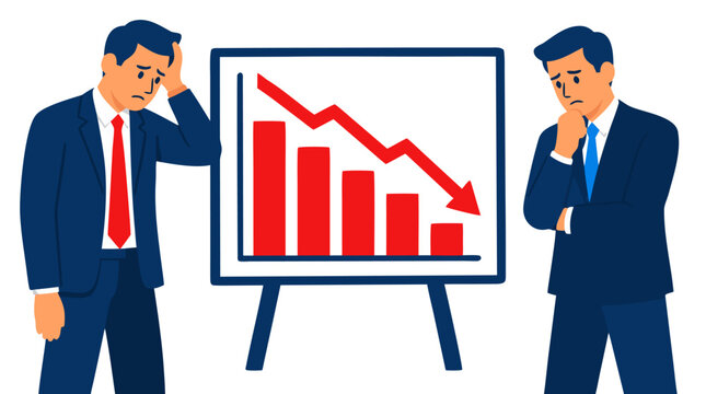 Anxious business partners observing declining red bar chart with falling sales arrow on presentation board, corporate crisis vector illustration rendered in red blue and white colors