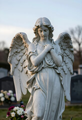 Obraz premium Grief and mourning concept stone angel statue with folded hands in a cemetery for funeral services remembrance and loss of a loved one at sunset