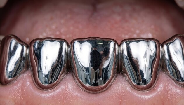 Shiny metal dental crowns on lower human teeth showing reflective silver finish
