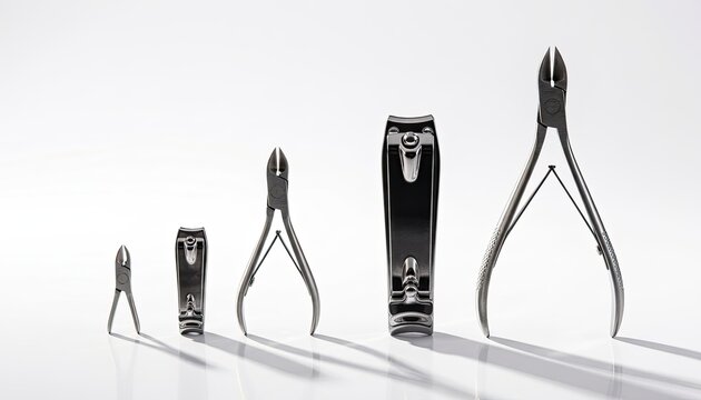 Metallic nail clippers and nippers arranged in a row on white background