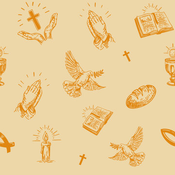 Symbols of the Christian faith, vector hand drawn seamless pattern