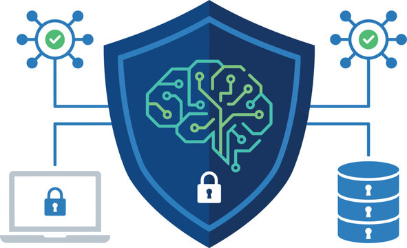 Cybersecurity vector illustration with protective shield, AI brain, secure server, and laptop