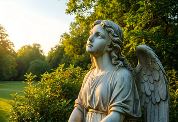 Obraz premium Spirituality and peace, stone angel statue in a serene garden at sunset with soft golden light and lush green trees in the background for reflection