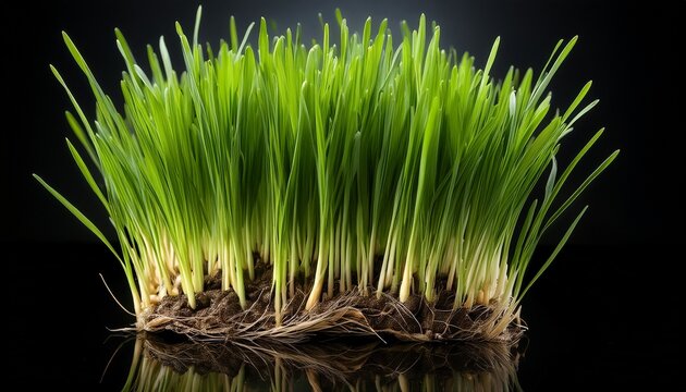vibrant green wheatgrass roots and blades against a deep black background freshness and growth
