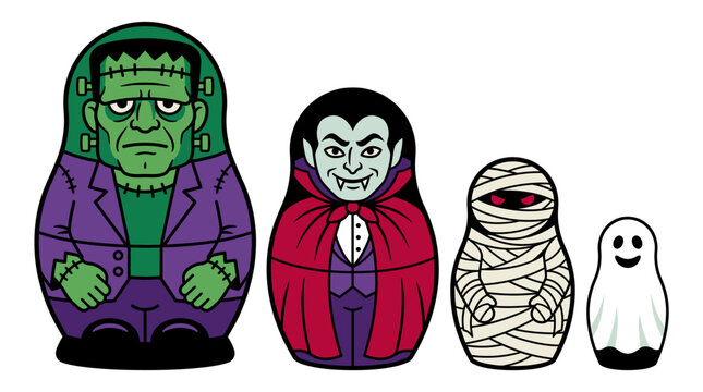 dolls matryoshka animation loop motion footage opening nesting frankenstein dracula vampire mummy ghost