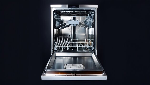 a spotless stainless steel dishwasher viewed from the inside