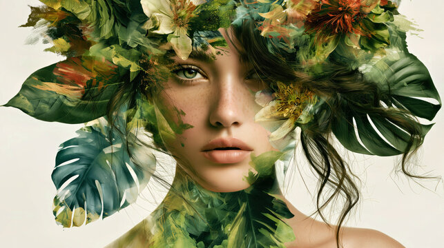 Woman looking forward through lush tropical leaves and flowers in a green botanical fashion portrait.
