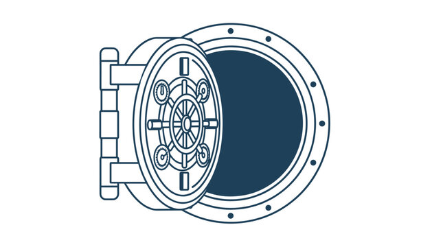 Detailed blue outline icon of an open bank vault door with heavy metal hinges and combination wheel lock.