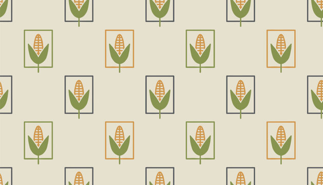Seamless vector pattern featuring cute cartoon corn cobs with green husks inside decorative square frames against a warm background.