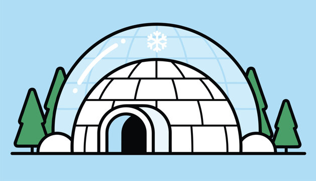 Winter igloo shelter surrounded by snow covered pine trees under a clear blue sky dome representing cold weather and Arctic life.