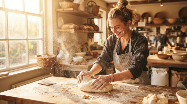 Female Artisan Baker Kneading Bread Dough in Warm Sunlit Traditional Bakery