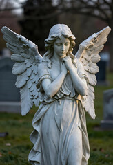 Obraz premium Grief and mourning concept, stone angel statue with praying hands in a cemetery, peaceful memorial for loss and remembrance in a quiet graveyard