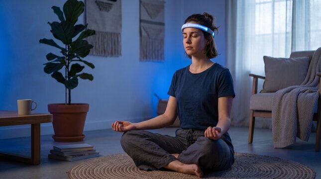 Woman Meditating with Biofeedback Brainwave Headband