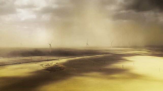 High angle perspective reveals wind turbines standing in a dusty desert landscape under dramatic overcast storm skies.