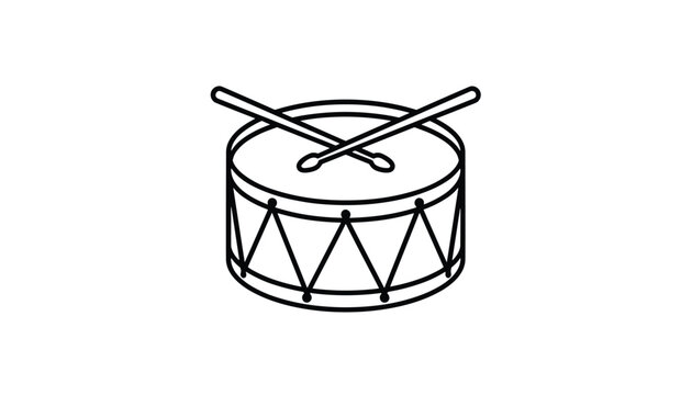 Charming black outline vector illustration of a traditional snare drum adorned with crossed drumsticks and decorative triangular accents.