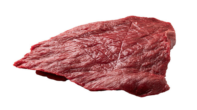 Isolated raw beef steak, fresh red meat cut with scoring, uncooked, ready for cooking