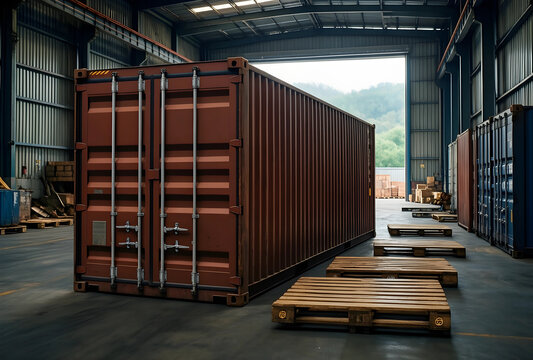 Global logistics and supply chain management, large shipping container inside a warehouse with wooden pallets for international freight and distribution
