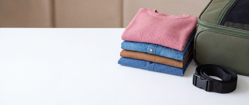 A stack of folded clothes next to a suitcase and a black belt on table