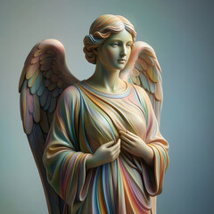 Obraz premium Spirituality and peace concept, ethereal angel statue with iridescent wings and soft pastel colors for religious or meditation and mindfulness themes
