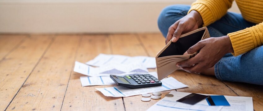 Person holding empty wallet while sitting on wooden floor with bills