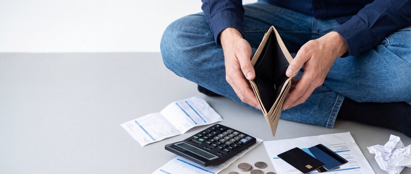 Person holding an empty wallet while sitting with bills and calculator on a floor