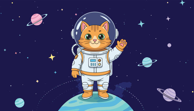 A cute orange cat wearing an astronaut suit and glass helmet while waving hello on a colorful planet surrounded by stars and distant planets.