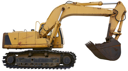Isolated industrial yellow track excavator machine with hydraulic boom and digging bucket © Oisin