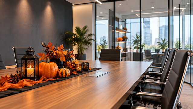 Conference room table decorated for autumn with pumpkins and fall leaves meeting room table runner seasonal decor seasonal decoration harvest decor seasonal theme seasonal arrangement pumpkins
