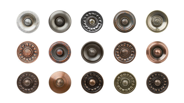 Isolated assortment of vintage metallic decorative furniture hardware, buttons, and studs