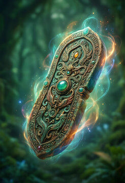 Fantasy magic artifact, ancient relic with glowing energy and intricate carvings in a mystical forest setting for gaming and storytelling concepts