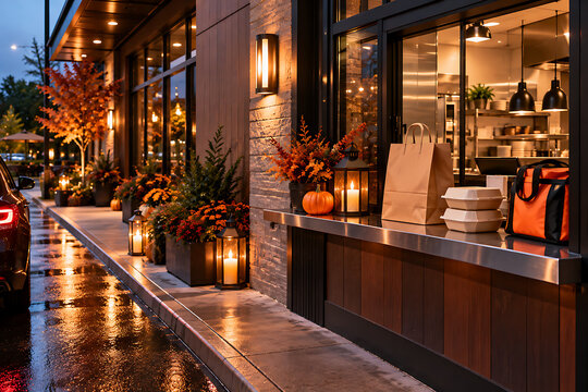 Restaurant exterior at night with fall decorations and wet pavement food service seasonal decor seasonal leaves restaurant exterior decoration pavement sidewalk lighting pumpkins seasonal