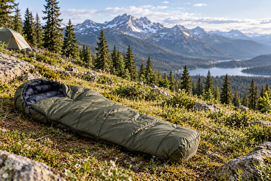 Sleeping bag laid out on a mountain slope with a lake and snow-capped mountains in the background outdoor gear mountain range sleeping adventure backpacking expedition recreation outdoors