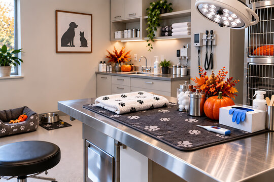 Veterinary clinic examination room prepared for halloween with festive decorations exam room examination table dog bed pet bowls animal hospital vet office animal silhouettes seasonal decor