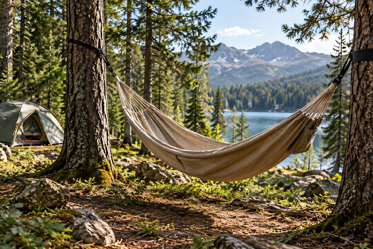 A comfortable hammock strung between two trees in a lush forest overlooking a serene lake and mountains forest canopy pine trees mountains outdoors relaxation landscape adventure wilderness