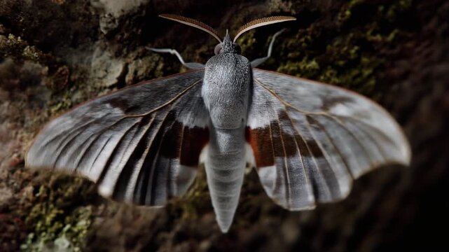 A stunning, macro perspective reveals the intricate wing patterns and delicate antennae of a nocturnal moth resting serenely upon a textured, natural surface, showcasing nature's subtle artistic