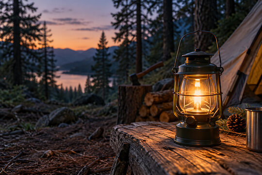 An old-fashioned lantern glows warmly on a wooden table at a campsite during twilight a tent and lake in the background campsite twilight lighting atmosphere peaceful landscape adventure