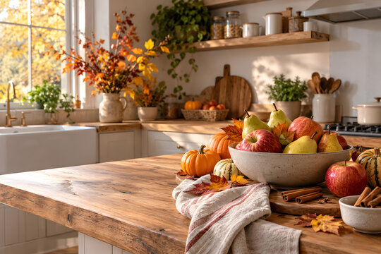 Cozy autumn kitchen with fresh apples, pears, pumpkins and cinnamon on a wooden countertop, illuminated by soft natural window light in a warm seasonal interior.