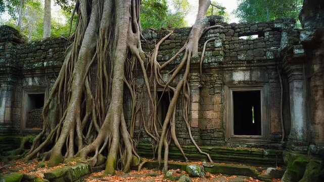 Massive tree roots powerfully entwine and engulf ancient crumbling stone temple ruins, creating a captivating scene of nature's overwhelming reclamation within a dense, verdant jungle