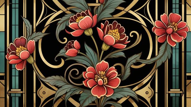 Intricate floral design showcasing vibrant crimson blossoms with detailed green foliage, framed by opulent gold and teal art deco architectural embellishments, creating a luxurious ornamental