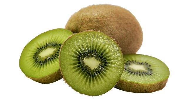 Isolated whole and perfectly sliced kiwi fruit, fresh, ripe, and healthy tropical snack.