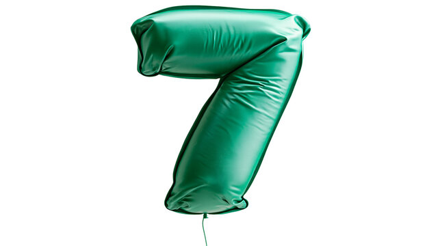 Isolated green shiny metallic number seven balloon, vibrant party decoration for celebrations.