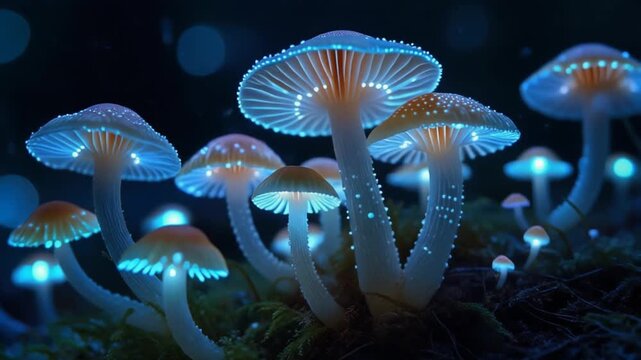 Enchanting bioluminescent fungi emit a surreal, ethereal glow in a mystical forest, casting a magical, otherworldly illumination upon the surrounding moss and darkness, creating a scene
