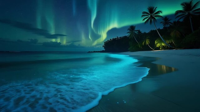 Spectacular auroras paint the nighttime sky above a serene tropical coastline with glowing bioluminescent waves gently lapping the sandy shore, creating an ethereal and magical nocturnal