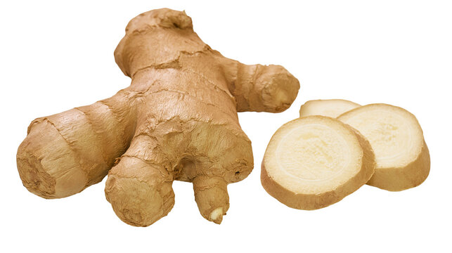 Isolated fresh organic ginger root and sliced ginger pieces for cooking or health benefits