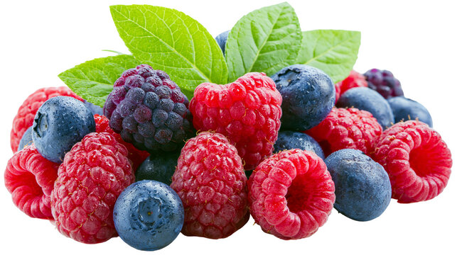 Isolated fresh vibrant raspberries, blueberries, and blackberries with green mint leaves.
