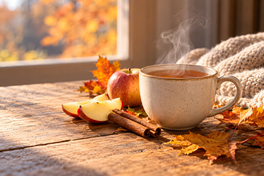 Steaming cup of hot tea with apple slices and cinnamon on a rustic wooden table, surrounded by autumn leaves in warm natural window light, creating a cozy seasonal atmosphere.