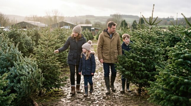 Family choosing a fresh Christmas tree together at a winter tree farm