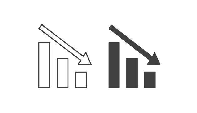 Two financial chart icons showing a decreasing bar graph with a downward pointing arrow, available in outline and solid styles.